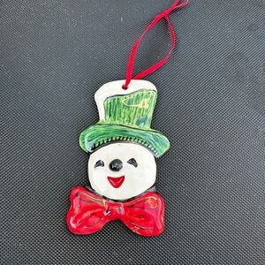 Gail Pittman Charming Snowman Ornament W/Red Ribbon, Green Top Hat, Red BowTie